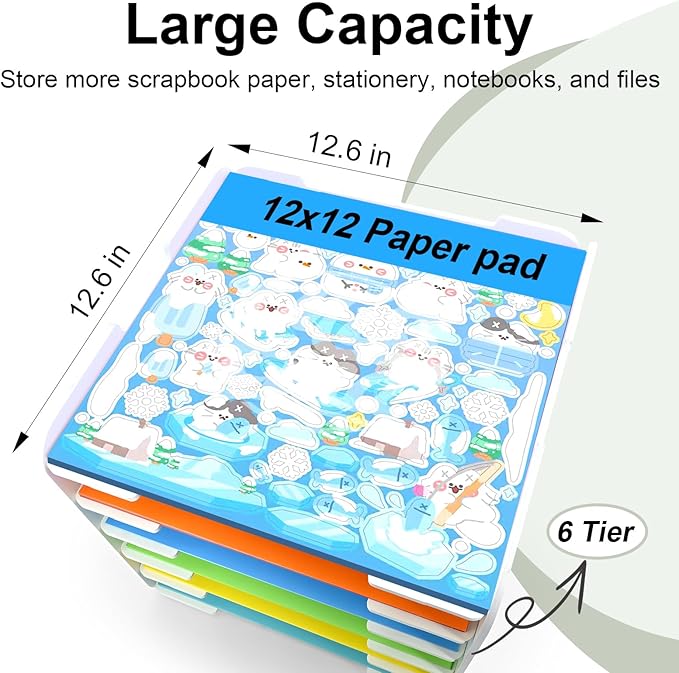 12x12 Paper Organizer, 6-Tier Scrapbook Paper Storage, Stackable Desktop File Holder for Home, Office, Classroom, and Craft Room