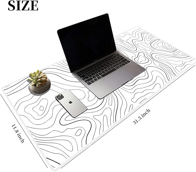 White Mouse Pad, Topographic Mouse Pad Large, Gaming Desk Pad, XL Mousepad, Keyboard Pad, Desk Mat, 31.5 x 11.8 in, Minimalist Contour for Office