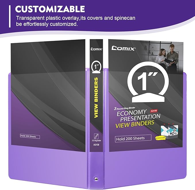 COMIX 3 Ring Binder 1 inch with Clear View Cover, 1" View Binder Holds 200 Sheets of US Letter Size Paper, 6 Pack (Purple)
