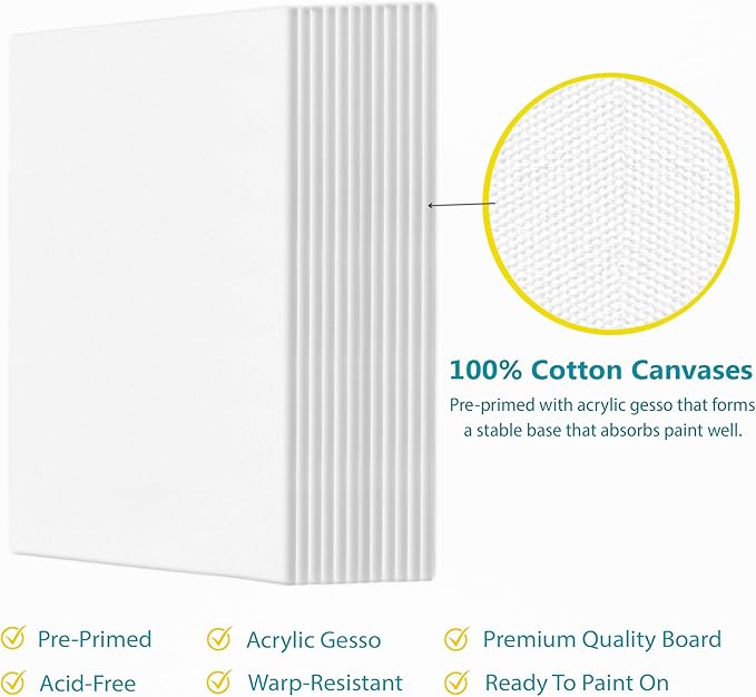 KEFF 12-Pack Bulk Canvas Boards, 9x12 Canvas for Acrylic, Oil, Watercolor, Tempera - 100% Cotton Primed Painting Canvas