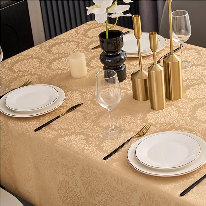 Romanvicky Christmas Jacquard Tablecloth Gold Flower Pattern Rectangle Table Cloth Spill Proof Wrinkle Resistant Polyester Table Cover for Party, Dining, Thanksgiving Decoration, 52 x 70 Inch