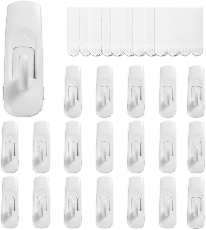 20 Large Hooks+28 Removable Strips, White Utility Hooks, Heavy Duty with Adhesive Strips, Damage-Free Organize Hooks, No Tools Wall Hook for Hanging, Value Pack