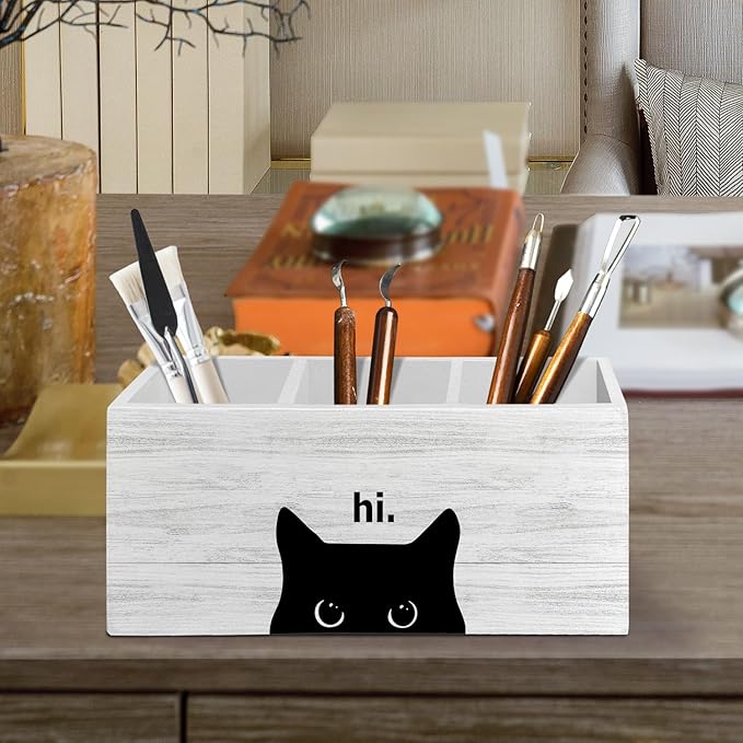 Hi Black Cat Pen Pencil Holder Organizer for Desk Accessories, Black Cat Mom Lady Lovers Owner Gifts Wooden Box Sign Desk Decor for Home Office Decoration, Pet Lover Gifts