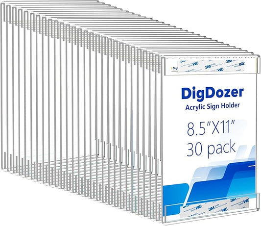 30 Pcs Acrylic Sign Holder 8.5 x 11, Vertical Wall Mount Sign Holders with Adhesive, Clear Plastic Frames Paper Display Sign Holders for Office, Home, Store, Restaurant - No Drilling