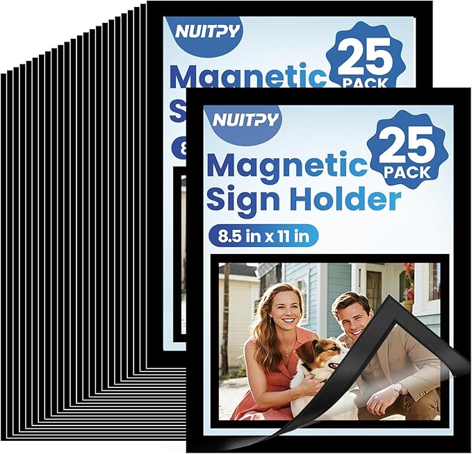 25 Pack Magnetic Sign Holder, 8.5in x 11in Self Adhesive Wall Mount Magnetic Document Holder, Magnetism Border Sign Holder with Transparent PVC Front Cover
