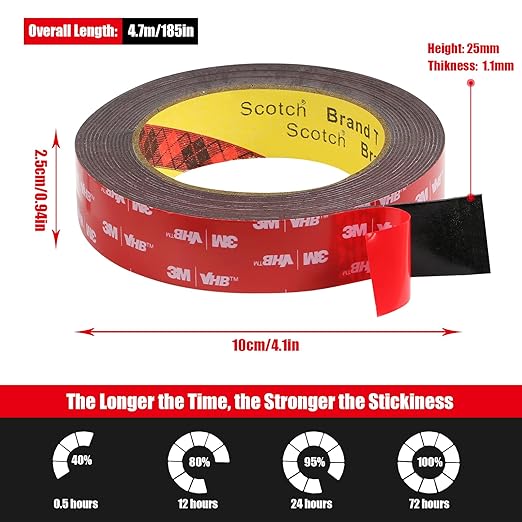 Double Sided Tape Heavy Duty, Waterproof Mounting Foam Tape, 16.5ft Length, 0.98in Width, High Temperature Resistant Adhesive Tape for Car, LED Strip Light, Office Decor, Made of 3M VHB Tape.