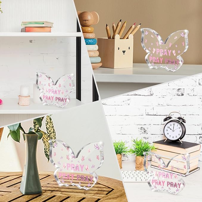 Pink Christian Gifts for Women, Religious Plaques Christian Woman Decor Gifts, Modern Home Office Room Bathroom Bedroom, Pray On It Over It Acrylic Sign for Teacher Boss Friend(Butterfly)