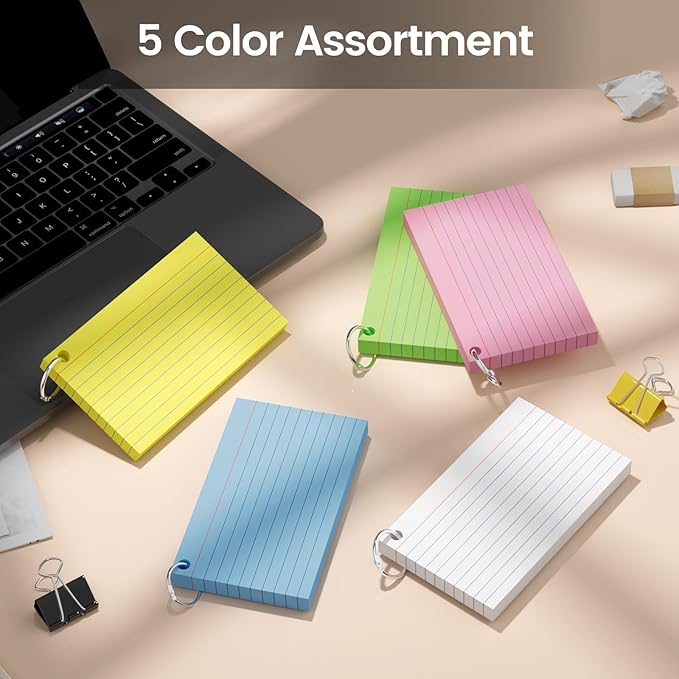 250-Pack Colored Index Cards 3x5 Inch w/Key Ring – 180gsm Heavyweight Flashcards – 5 Vibrant Colors Flash Cards (White Pink Blue Yellow Green) – Perfect for Study & Notes, Students School Supplies