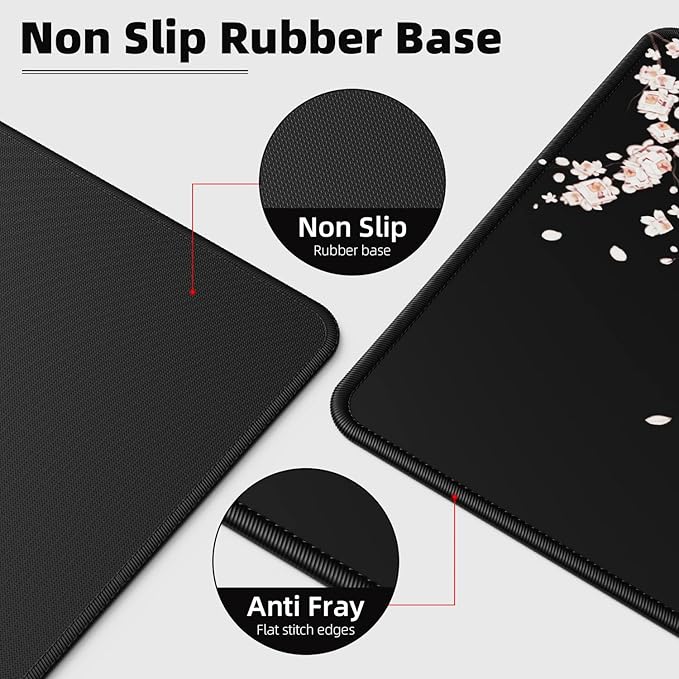 ETZ Japanese Plum Blossoms Black Mouse Pad (31.5 × 11.8 × 0.12 inch) Extended Large Mouse Mat Desk Pad, Stitched Edges Mousepad,Non-Slip Rubber Base,Gaming Mouse Pad XL.