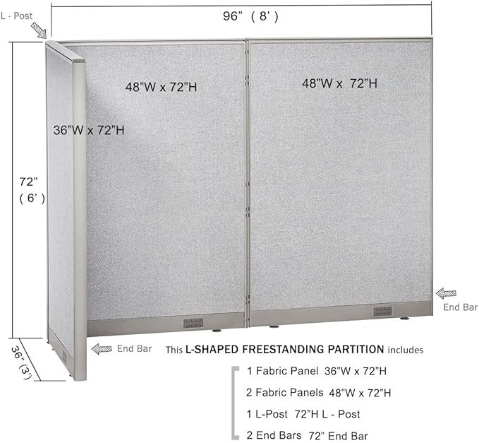 GOF Freestanding L Shaped Office Partition, Large Fabric Room Divider Panel, 36" D x 96" W x 72" H