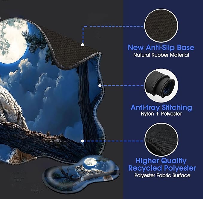 Large Mouse Pad and Keyboard Wrist Rest, Desk Pad for Keyboard and Mouse, 4-in-1 Large Gaming Mouse Pad with Wrist Support, Desk Mat for Home Office Study Game-Wolf in The Moonlight