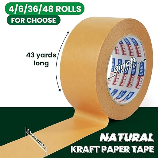 ADHES Kraft Paper Tape, 2 Inch x 44 Yards, 48 Rolls Writable & Uncoated Heavy Duty Paper Tape, Biodegradable Brown Packing Tape for Sealing, Packaging & Moving