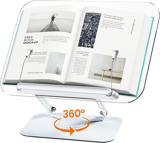 Acrylic Book Stand for Reading, Adjustable Book Holder with 360° Rotating Base & Elastic Page Clips, Foldable Desktop Riser Stand for Cookbook,Laptop,Tablet,Music Scores,Recipe,Textbook