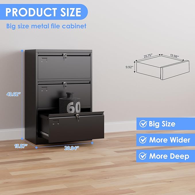 3 Drawer Lateral File Cabinet, Metal Wide Filing Cabinet with Independent Locks, Home Office Furniture for Hanging Files Letter/Legal/F4/A4 Size, Assembly Required, Black