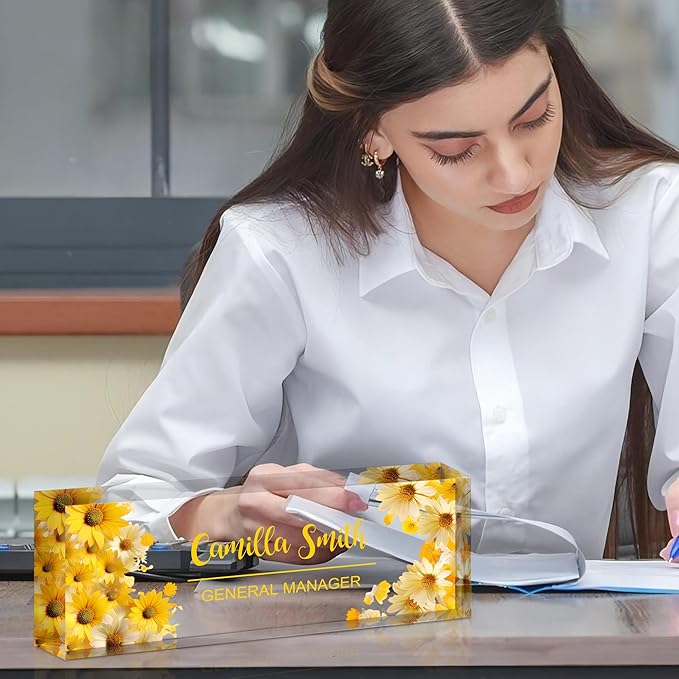 Ship Next Day Personalized Name Plate for Desk, Custom Acrylic Desk Name Sign, Office Appreciation Gifts for Women Men Coworkers Boss Teacher Employee (Flower-Sunflower)