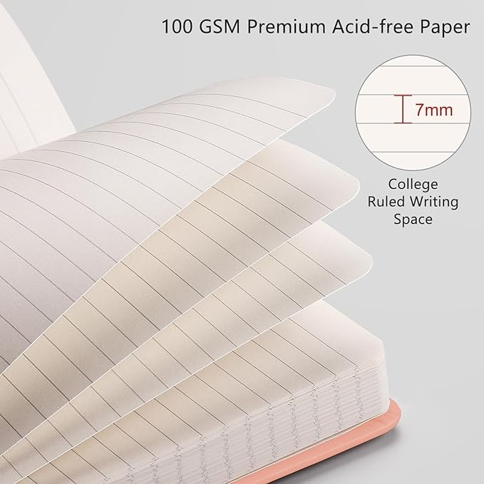 RETTACY Lined Journal Notebook, 192 Numbered Pages, A5 Medium Size (5.7'' x 8.3''), for Men & Women, Journaling, Writing, Work & Office, Leather Hardcover, 100 GSM Thick Paper (Pink)