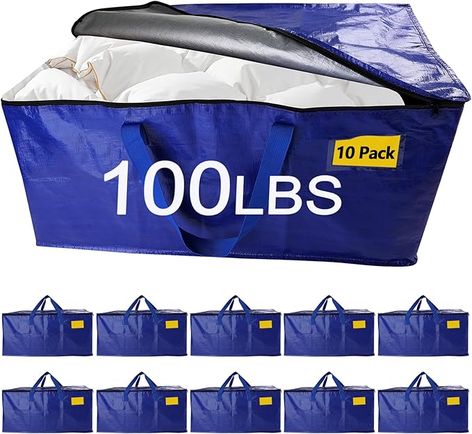 10 Pack Waterproof Moving Bags with Strong Zippers and Reinforced Handles, Real 100lb Capacity Extra Heavy Duty Large Storage Totes for Packing & Moving Storing, Alternative to Moving Boxes -95L,Blue