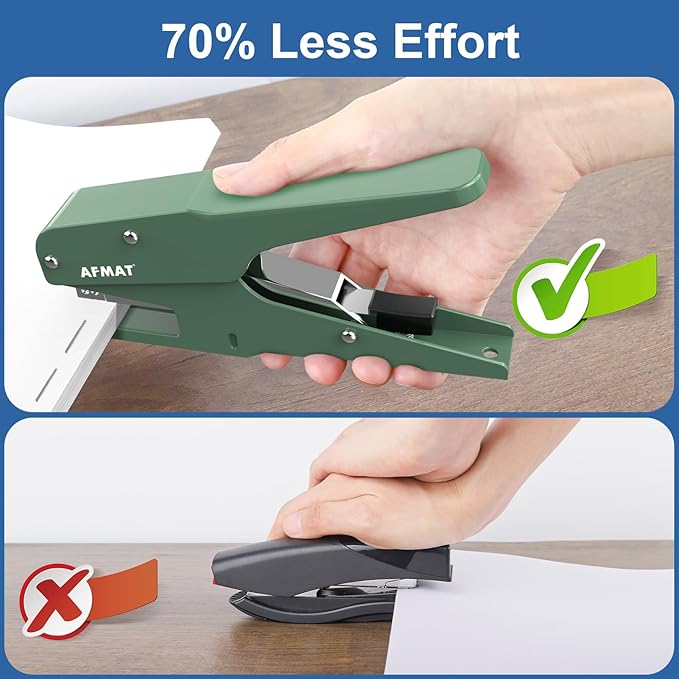 AFMAT Effortless Plier Stapler, Metal 30 Sheet Stapling Plier, 15000+ Stapling Times, with Staples & Reload Button, Handheld Stapler Heavy Duty, Space Save Size, Good for Office, Home, School, Green