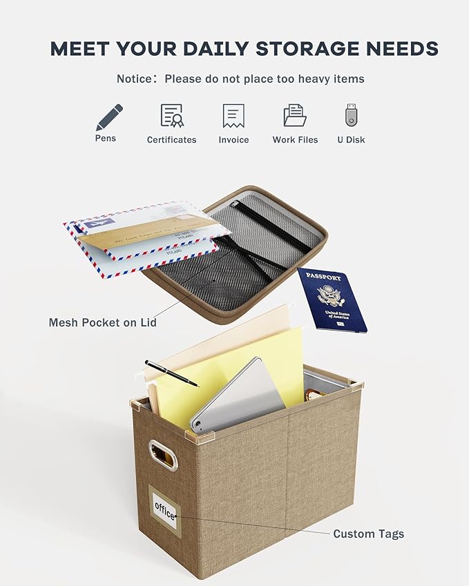 Oterri Hanging Filing File Box with Mesh Pocket, File Organizer Box with Lid, Collapsible Document Organizer Box for Letter Size, Easy Slide Durable Storage Box for Office/Decor/Home (2 PCS, Khaki)