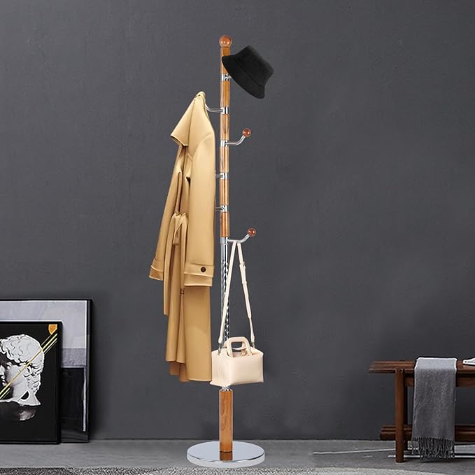 Coat Racks FreeStanding with 14 Hooks, Natural Wood Coat Rack with Solid Round Base, Adjustable Height Coat Racks, Easy Assembly for Hallway, Bedroom and Office (Solid Wood Metal Hook)