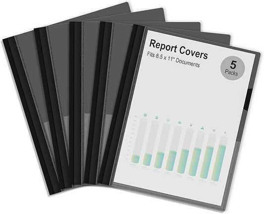 Ndsox 5 Packs Clear Front Report Covers with 3-Prong Fasteners, Plastic Project Presentation Folders Resume Document Covers with Black Back for 8.5" x 11" Letter Size Paper for School Office Business