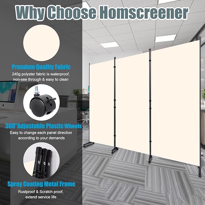 Room Divider Folding Privacy Screens with Wheels, 6FT Tall Divider for Room Separation, 3 Panel Movable Room Partitons and Dividers, Indoor Room Dividers Panel with Non-See Through Fabric for Office