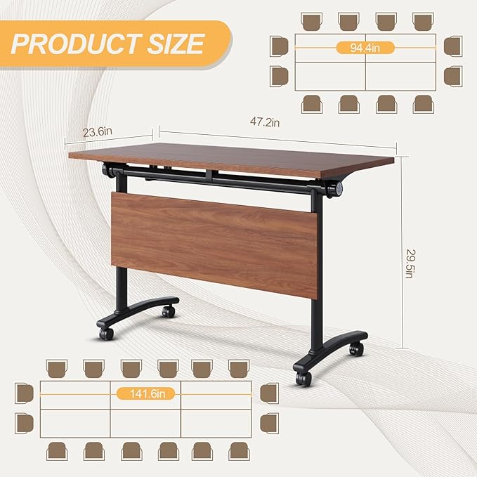 Conference Room Table with Silent Wheels, Mobile Folding Conference Table for 16 Person,Flip Top Office Training Tables with Walnuts Wood Tabletop, for School,Business Meeting Rooms (6 Pack 47in)