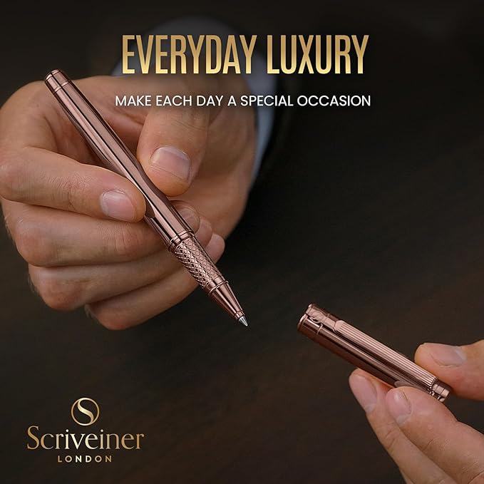 Scriveiner Rose Gold Rollerball Pen - Stunning Luxury Pen, Schmidt Ink Refill, Best Roller Ball Gift Set for Men & Women, Professional, Executive Office, Nice Pens