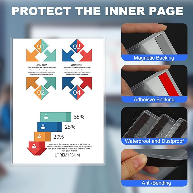 30 Pack 8.5'' x 11'' Inch Magnetic Sign Holders, Rigid Print Protectors, Paper Holder With Adhesive Tape, Plastic Document Holder For Posters Letter Paper Picture, Wall Mount Magnetic Frame for Refrigerator Window, Door, Home, Office, and Store