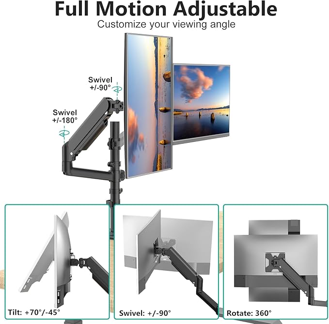 WALI Dual Monitor Mount, 13-32 Inch Adjustable Spring Dual Monitor Arm for Desk Holds Max 19.8 lbs Screens, Swivel Vesa Bracket with C Clamp, Grommet Mounting, Monitor Arms for 2 Monitors (GSDM002)
