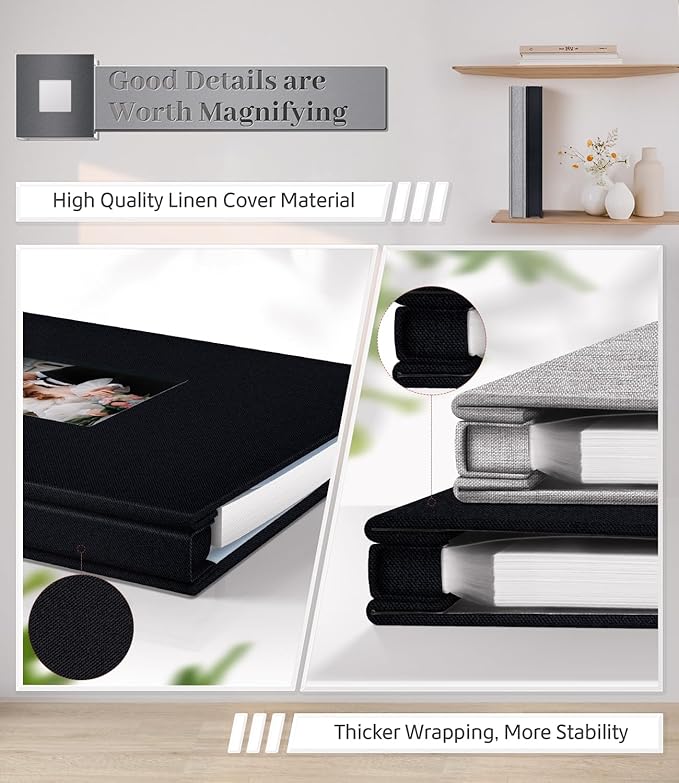 Photo Album Self Adhesive Scrapbook Album for 3x5 4x6 5x7 8x10 Pictures,60 Pages Linen Cover with Display Window DIY Photo Book,Ideal Gifts for Family Travel Wedding Baby