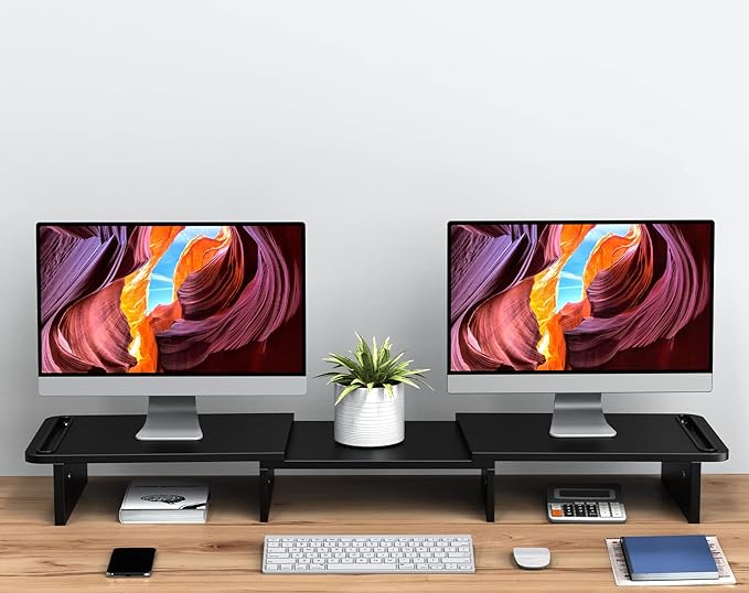 Zimilar Dual Monitor Stand Riser, Monitor Stand with Adjustable Length and Angle, Wood Monitor Stand for Desk, Monitor Riser for 2 Monitors with Storage Space
