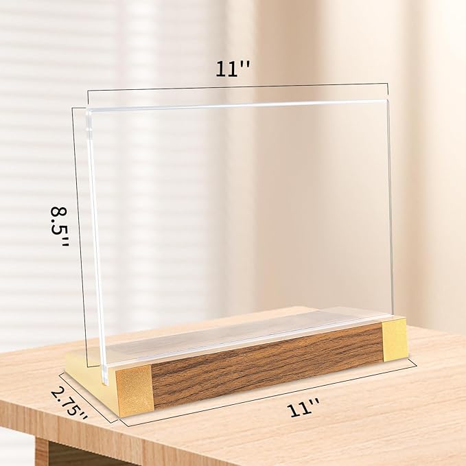 Acrylic Sign Holder 8.5x11 Inch with Wood-Color Base, Tabletop Display Sign Frame Horizontal Clear for Store/Coffee Shop/Restaurant Menu Display Hotel/Office Show Exhibitions Holder, 2 Pack L Shape