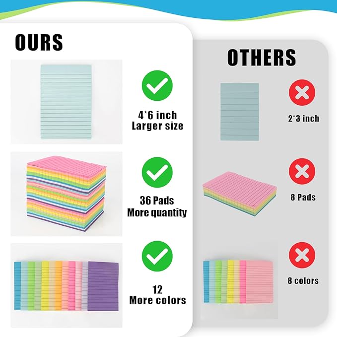 SACATR 36 Pads Lined Sticky Notes, Sticky Note Pads 4x6 inches, 12 Bright Color Sticky Notes with Lines Self-Stick Note Pads, Perfect for Office Home,School