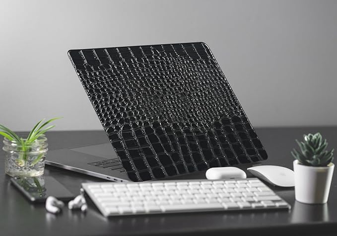 KEROM Compatible with Crocodile MacBook Air 15 Inch Case 2025 2024 2023 M4 M3 M2 A3241 A3114 A2941, Textured Elegant Luxury Aligator Skin Snakeskin PU Leather Hardshell & Keyboard Cover, Shiny Black