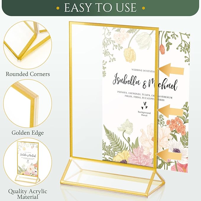 Hoteam 18 Pack Clear Acrylic Double Sided Frames Display Holder Gold Frames Acrylic Signs with Stand 2mm Gold Border for Wedding Restaurant Office Home Store Numbers Signs (5 x 7 Inch, Vertical)