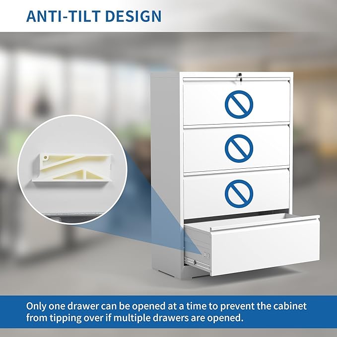 Lateral File Cabinet 4 Drawer, Metal File Cabinets for Home Office Legal/Letter A4 Size, File Cabinet with 4 Lock, Require Assembly, White