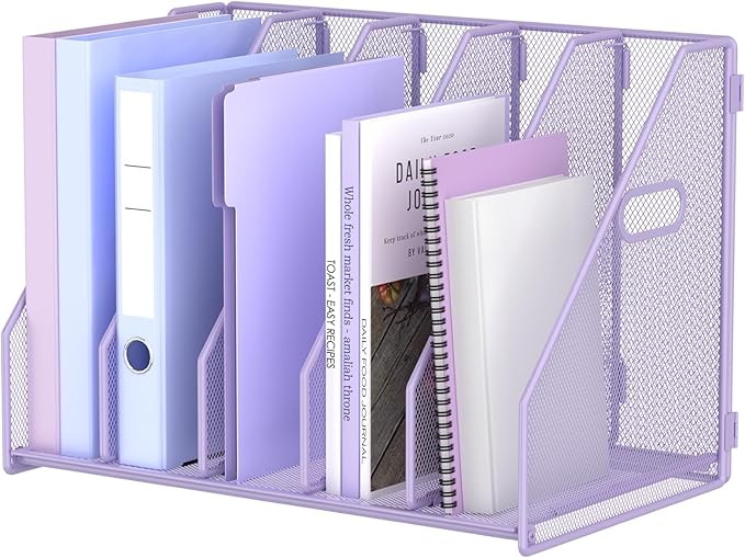 Desk File Organizer Metal Desk Magazine Folder Holder with 5 Vertical Compartments Rack File Organizer for Office, Home, School (Purple)