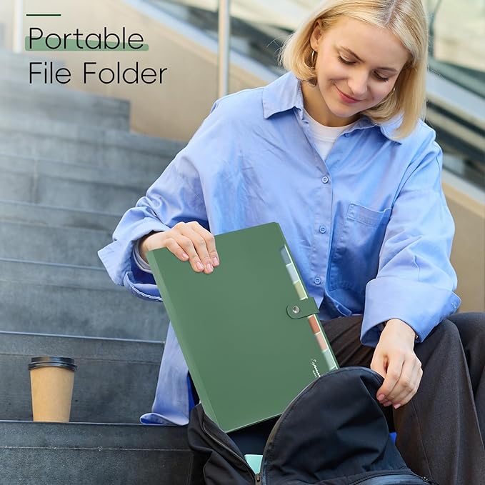 Sooez Elegant Accordion File Organizer, 8 Pocket Expanding File Folders with Labels, Portable Folder for Documents, Cute Paper Organizer for School Office Supplies, Letter Size, Dark Green