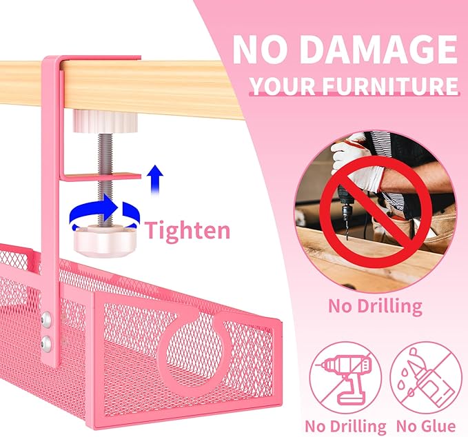 Under Desk Cable Management Tray Black, No Drill Desk Cable Wire Management Organizer with Clamp, PC Cord Organizer Accessories & Workspace for Office, Home（Pink）