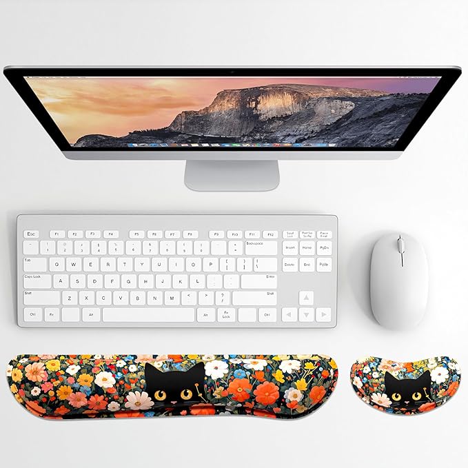 Dapesuom Enlarge Keyboard Wrist Rest, Memory Foam Wrist Cushion for Desk Mats Support, Typing Pain Relief Keyboard Mouse Pad Rests Set with Non-Slip Base for Gaming Laptop Computer, Cat Flower Bush