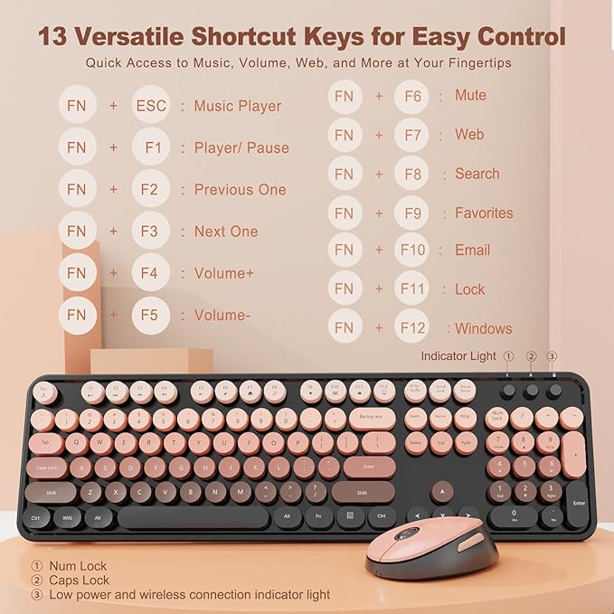 Wireless Keyboard and Mouse Combo, Retro Typewriter Keyboard with Round Keycaps, Full-Size Ergonomic, Aurora Red, Ideal for Windows PC, Home, Office, and College