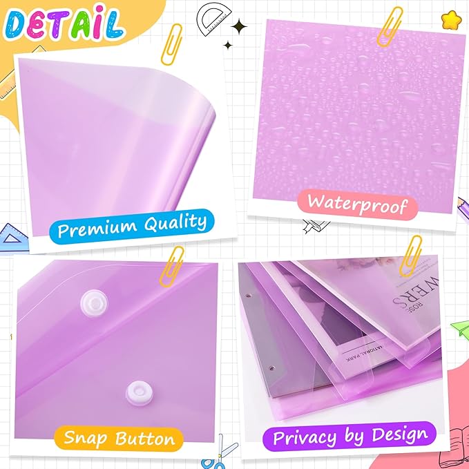 100 Pcs Clear Envelopes with Snap Button Closure Bulk A4 Letter Size Clear Plastic Envelope Folder Document Organizer File Folders for Office Home (Purple)