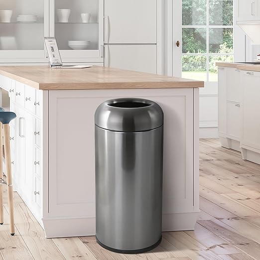 WICHEMI 16 Gallon Commercial Large Trash Can, Bullet Outdoor Trash Bin with Open Top Lid, Brushed Stainless Steel Garbage Can, Black
