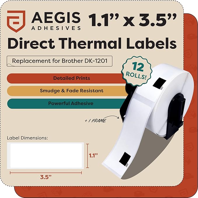 Aegis Adhesives - Compatible Labels Replacement for Brother DK-1201 (1.1" X 3.5”) Address & Barcode, Use with QL Label Printers - 12 Rolls + 1 Frame
