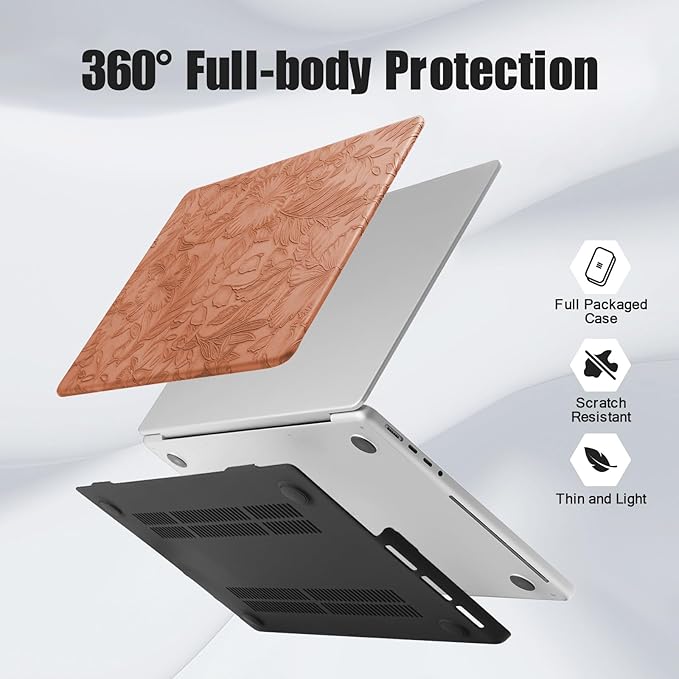 DTangLsm for MacBook Pro 16 inch Case 2025 2024-2021 M4 M3 M2 M1 A3403 A3186 A2991 A2780 A2485 Pro/Max, Elegant Texture Retro Leather Hard Shell Case+Keyboard Skin for Mac Pro 16,Embossed Floral Brown