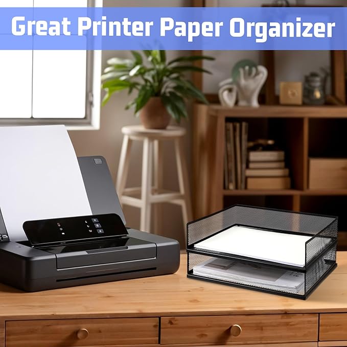 2 Pack Stackable Letter Tray, Wire Mesh Desk File Organizer Metal Desktop Paper Sorter Desk Tray Document Magazine Storage Basket for Home Office Supplies - Transverse Load, Black