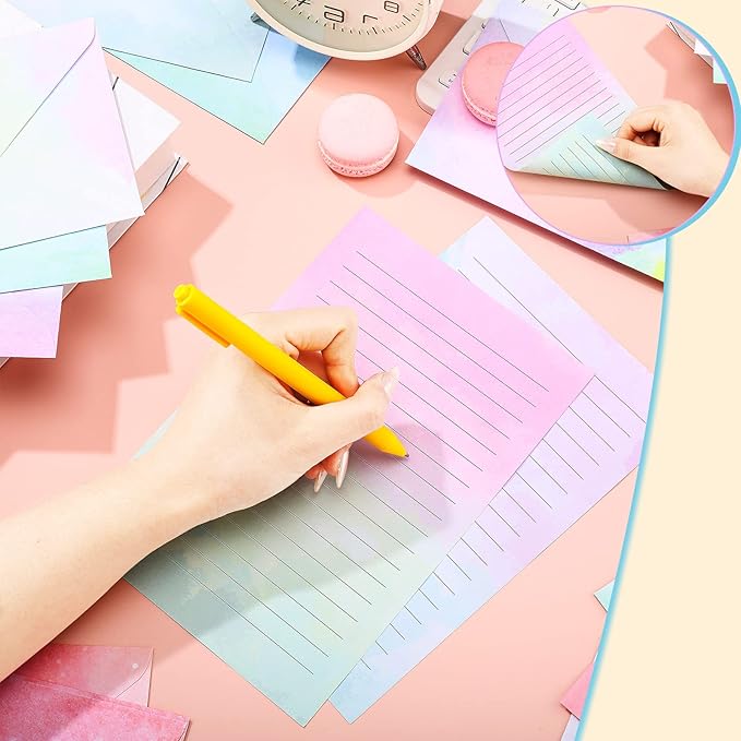 TaoBary 160 Pcs Stationery Paper Set 50 Double Sided Stationery Papers with 50 Matching Envelopes and 60 Round Dot Sticker, 10 Design(Watercolor,5.5 x 8.25 Inch)