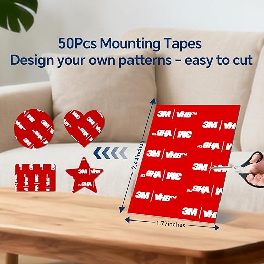 3M VHB Double Sided Tape 50Pcs, 2.44 x 1.77 Inch Heavy Duty Waterproof Mounting Tape for Walls, Car, Home, Outdoor and Office