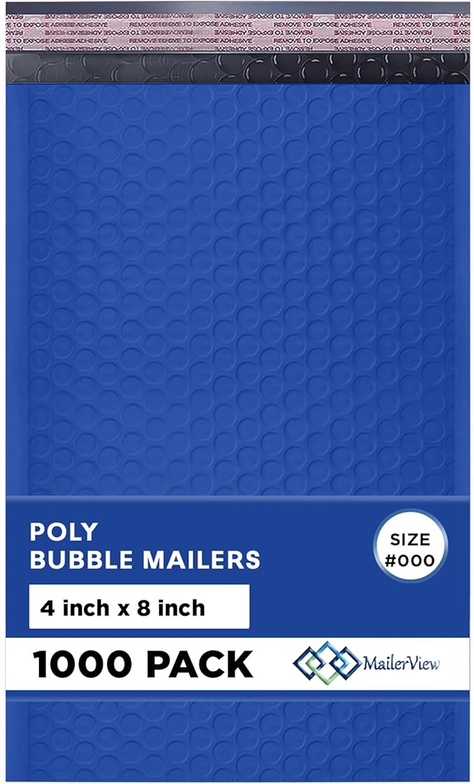 Royal Blue Small Bubble Mailers 4x8 Inch #000 | Thick Padded Poly Bubble Mailer Envelopes | 1000 Pack Bulk | Trading Card Sports Card Shipping